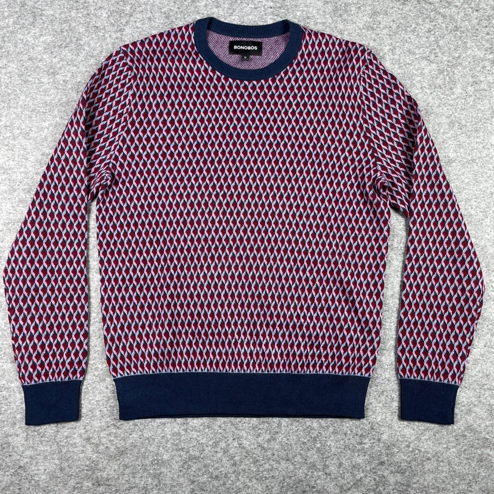 Bonobos Sweater Mens S Blue Wool Blend Slim Fit Geometric Diamond Crewneck